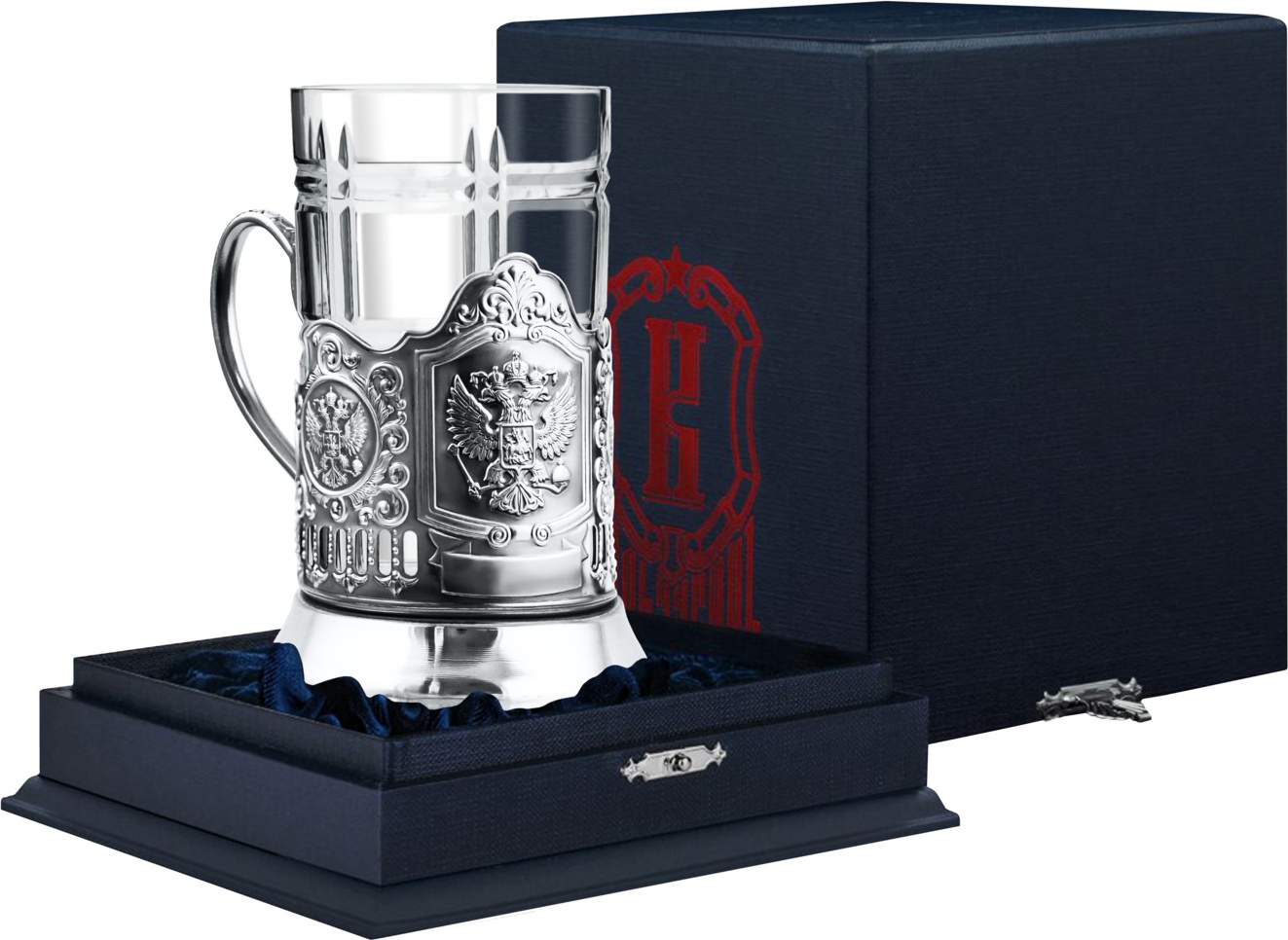 10649194 Кольчугино Набор д/чая "Герб РФ" посеребренный + футляр Латунь, -? Посеребрение 