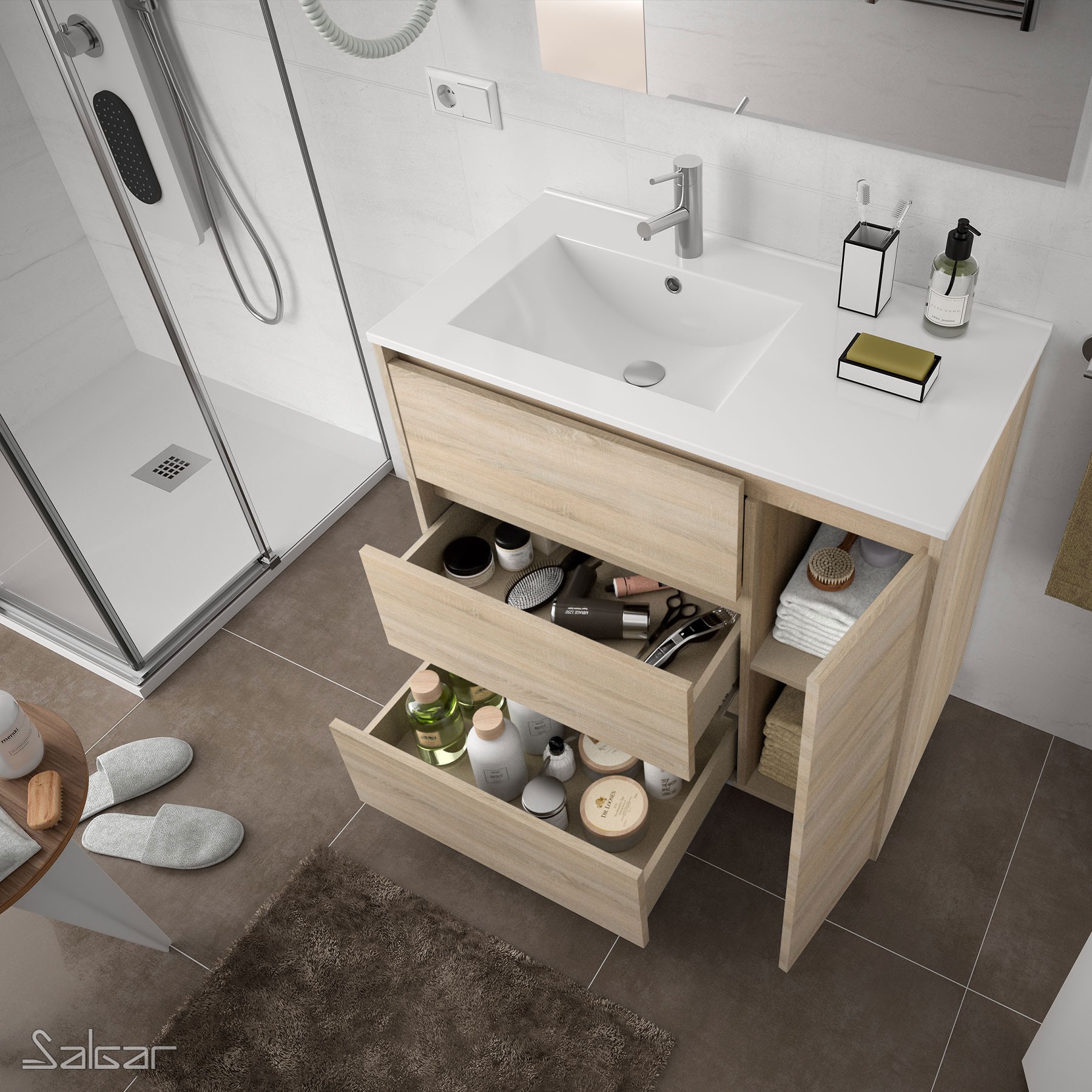 85123 SALGAR Комплект мебели для ванной ARENYS 855 OAK CALEDONIA + Раковина + Зеркало + Свет Дуб Каледония - Вид №1