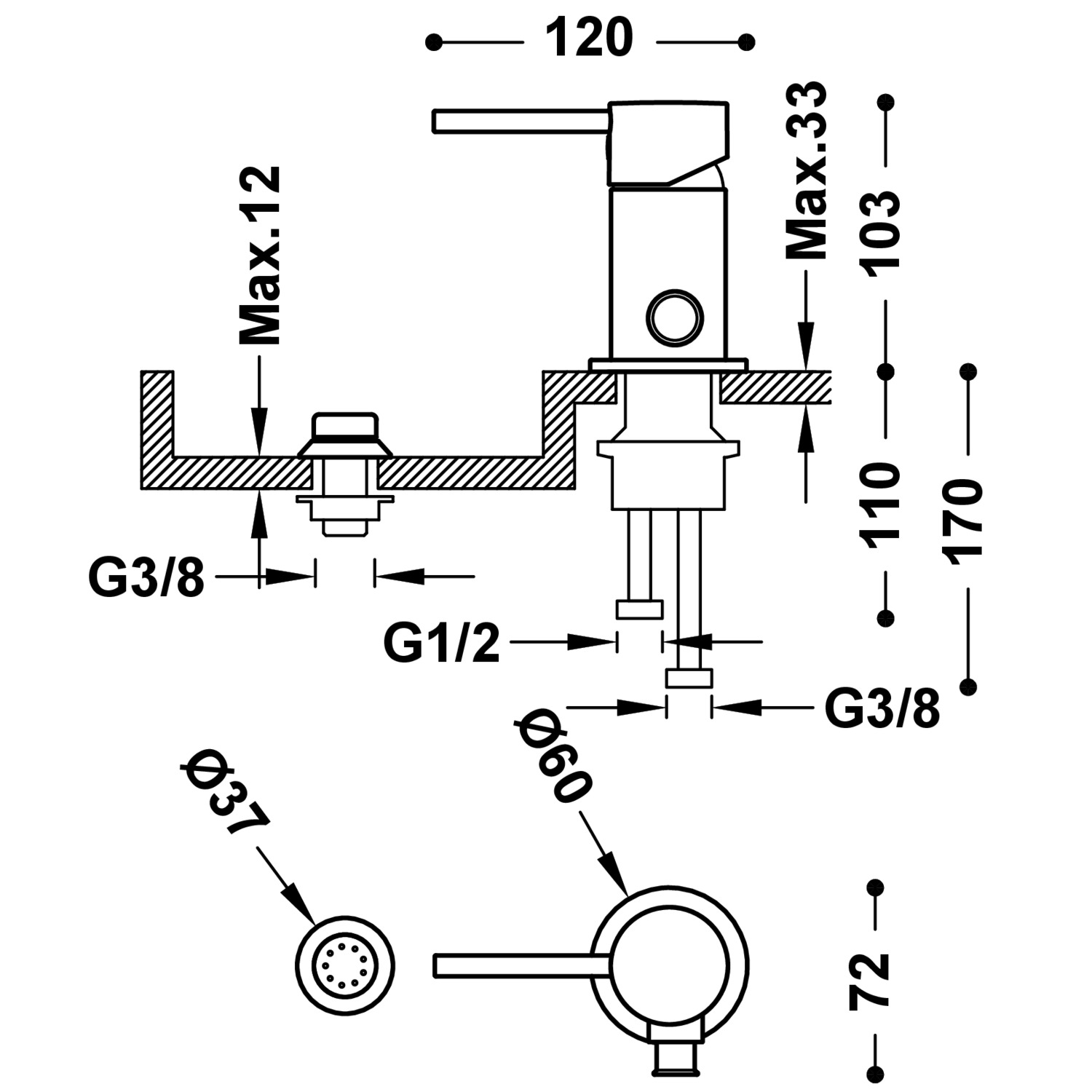 РАБОЧИЙ смеситель для биде с одной ручкой и переходом в маленький душ-26113010OM TRES  - Вид №1