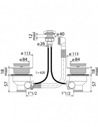 438000 000 00  Сетчатый фильтр для мойки с 2 чашами, автоматический трос с переливом, Д. 90 мм, зажим 0/18 мм, нержавеющая сталь Valentin Сталь  - Вид №3