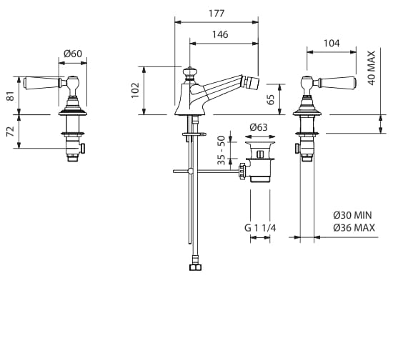 Смеситель для биде с 3 отверстиями для пола с отдельными розетками Park Avenue Astaire ARCH-00059926 - Вид №2