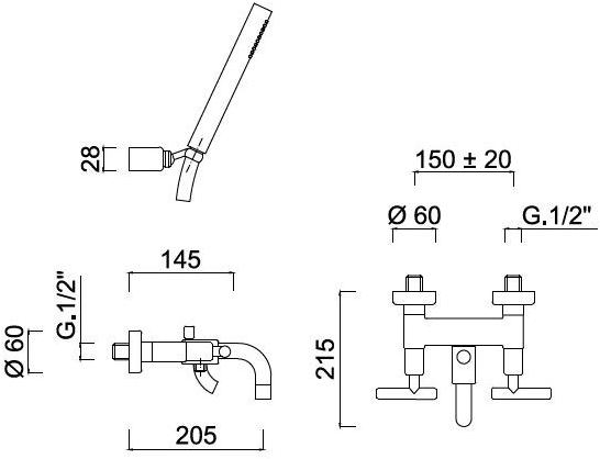 Rubinetteria Giulini Настенный смеситель для ванны с ручным душем G4 F7701 - Вид №1