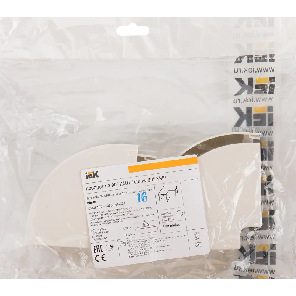 IEK Поворотный угол 90° для кабель-канала 60×40 мм белый (4 шт) 82377824 STLM-0025828 - Вид №1