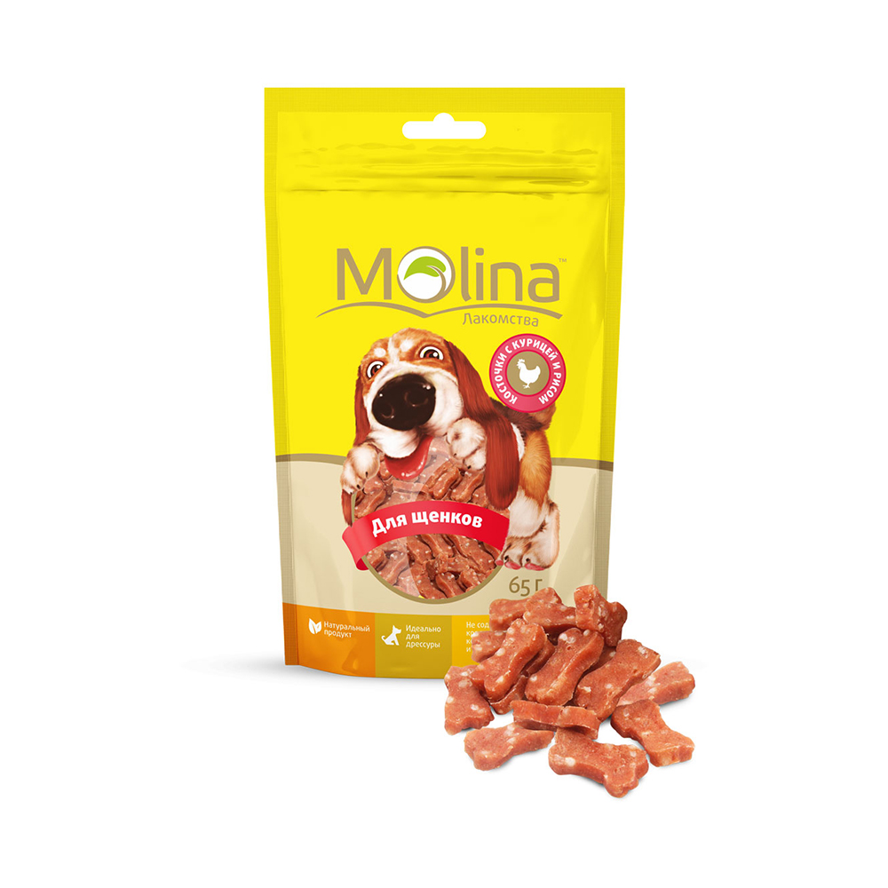 ПР0058727 Лакомство для щенков Косточки с курицей и рисом 65г Molina 