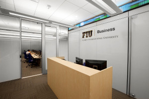 FSRT666 Система облицовки стен Levele глухими панелями; вставки из стекла vivispectra Spectrum, прослойка нестандартного изображения, стандартная отделка, стекло vivichrome chromis, белая прослойка, стандартная отделка; перегородка и дверь со стеклом vivi