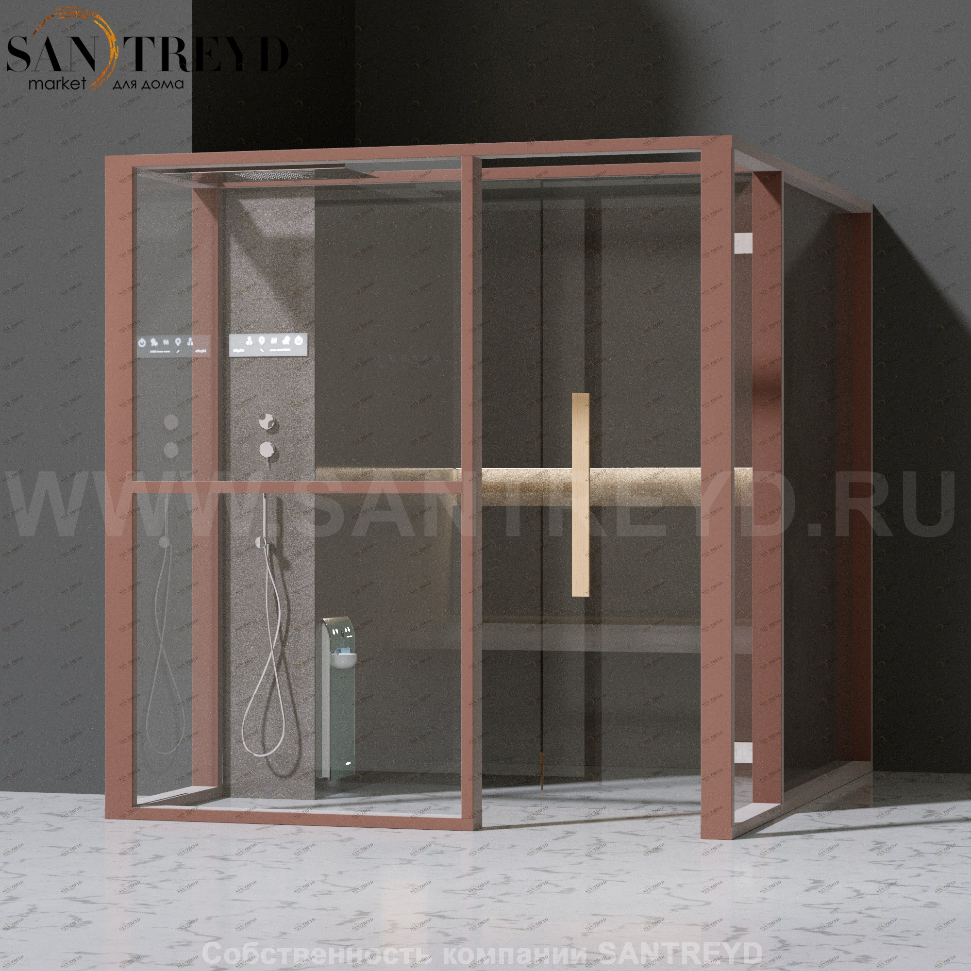 Effegibi LOGICAFILO H LO31030014 Хаммам. Установка: в левый  полуугол. Левая дверь. Мощность: 4,5 кВт макс. Размеры: длина 214 см, ширина 250 см. Отделка: матовый лакированный коричневый аллюминий и темный ламинат из керамогранита.