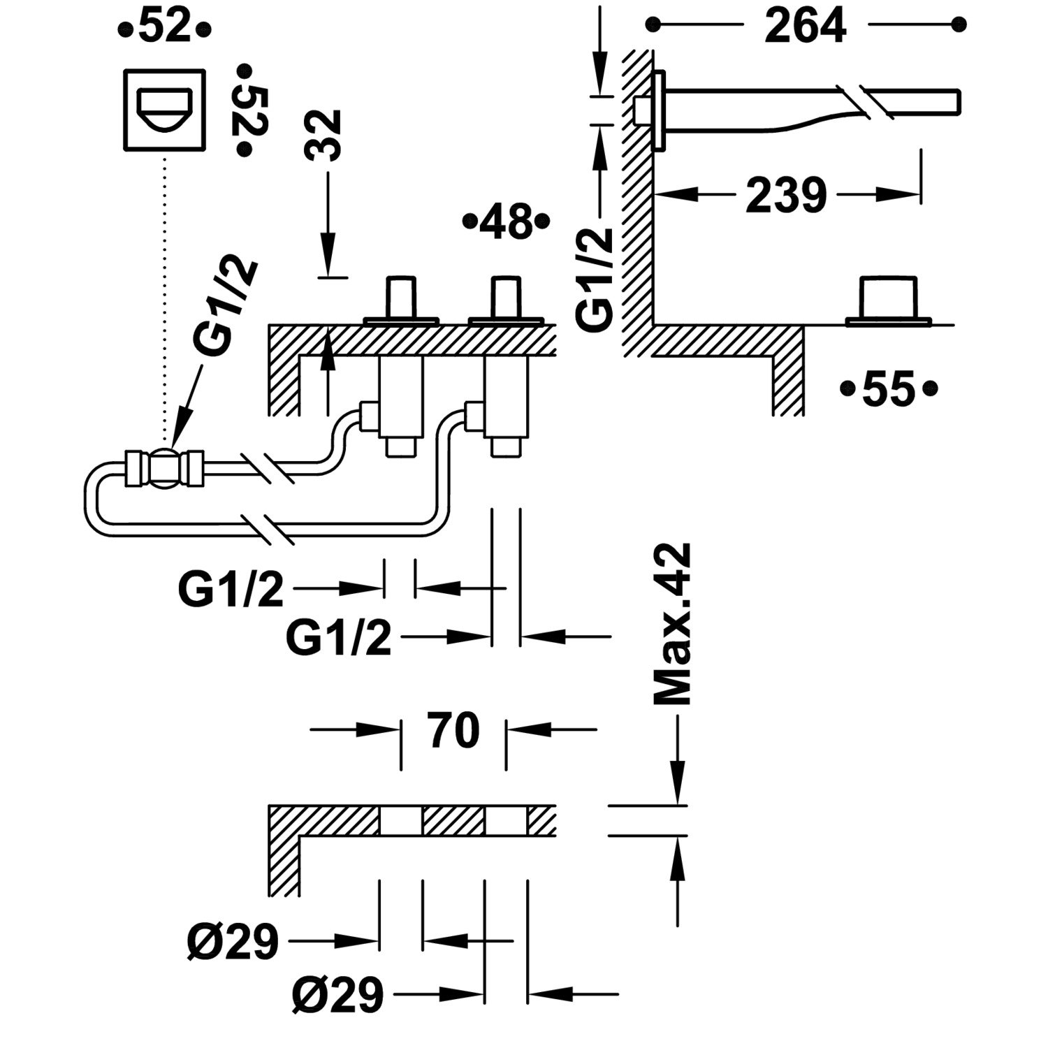 ТОНКИЙ скрытый смеситель для умывальника с двумя ручками-20223901BM TRES  - Вид №1