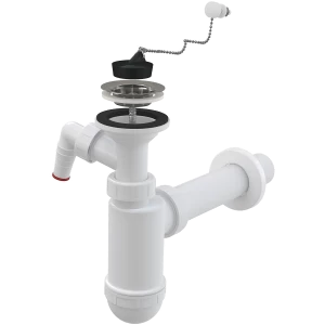 Сифон для умывальника DN40 со штуцером, с нержавеющей peшeткой DN63, с цепочкой
