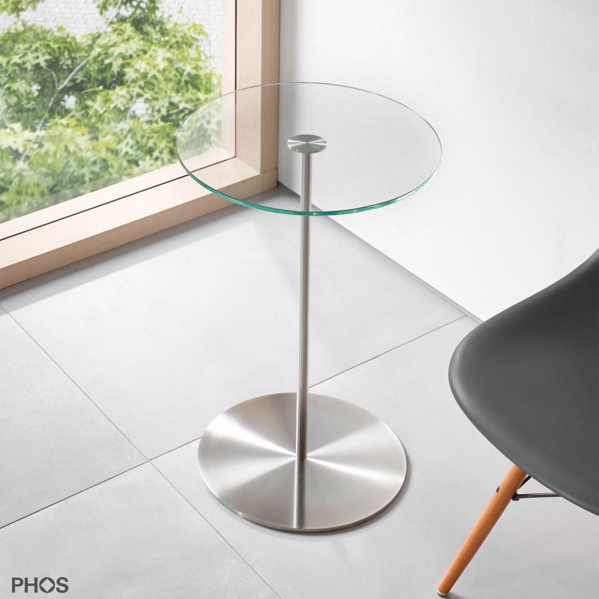 BT600G-E Приставной столик со стеклянной полкой, высота 60 см, основание: нержавеющая сталь. PHOS 