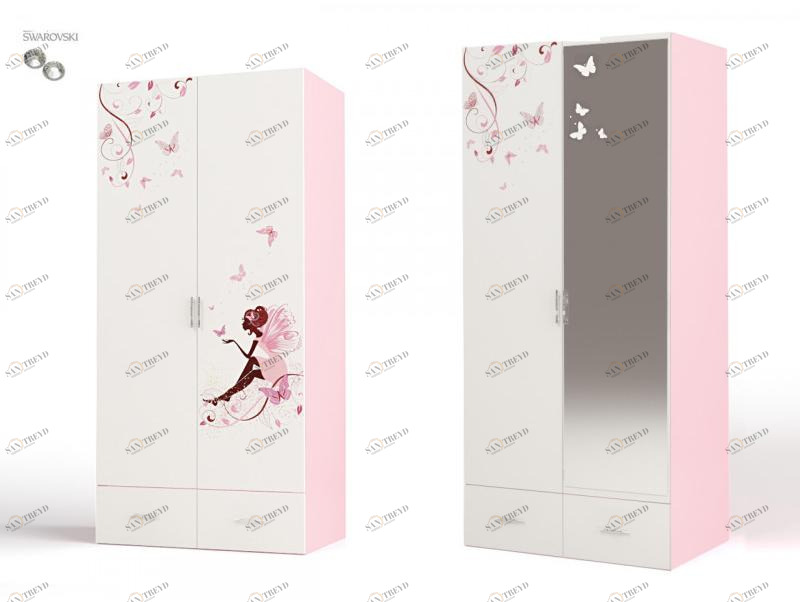 Шкаф ABC-KING 2х дверный Фея с зеркалом и со стразами Сваровски с бабочками 4631147959652