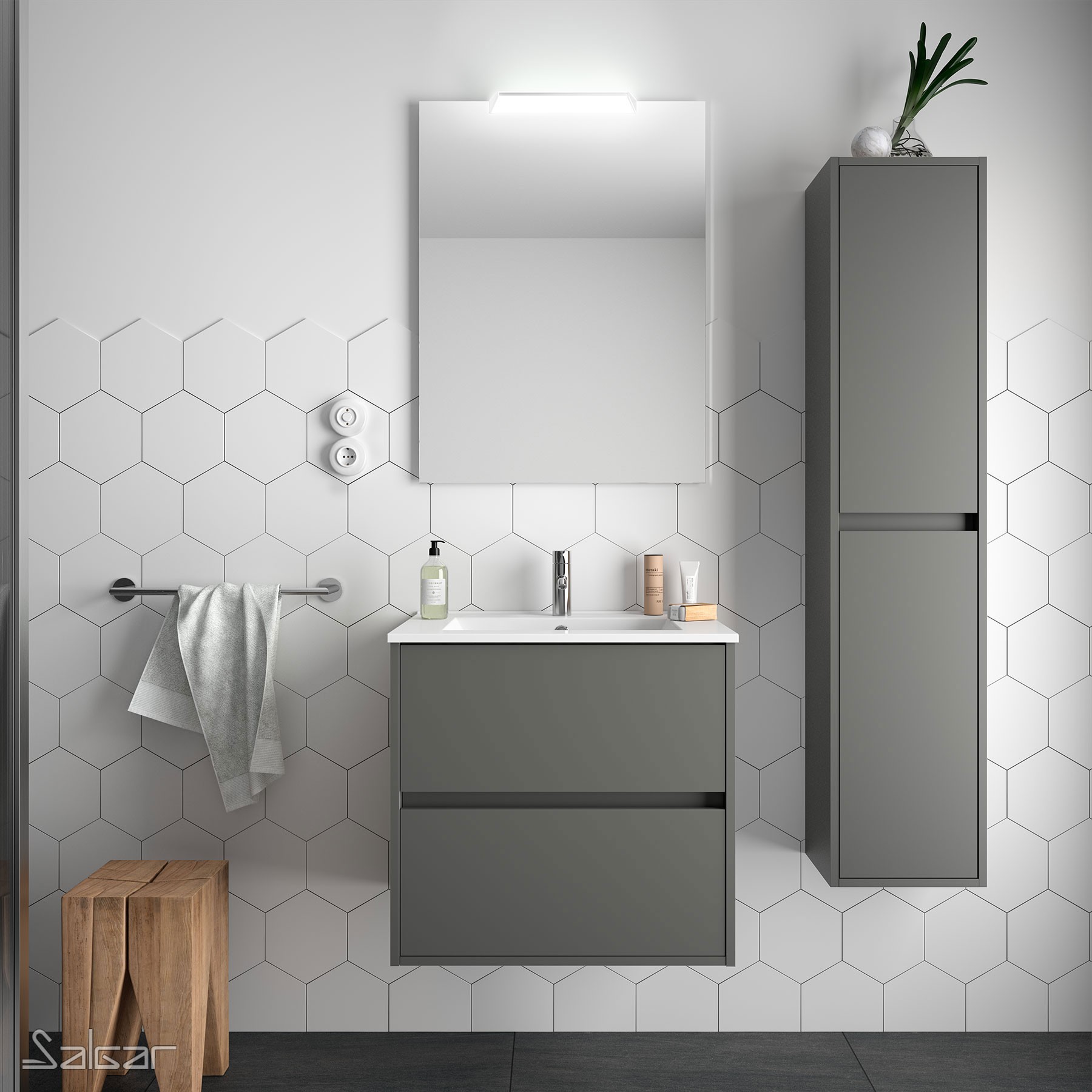 85026 SALGAR Комплект мебели для ванной NOJA 600 MATT GREY + Раковина + Зеркало + Свет Мэтт Грей