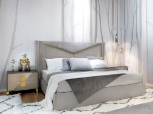 Двуспальная кровать из ткани с мягким изголовьем