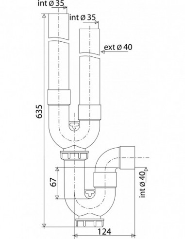 802300 093 00  Сифон с двойным входом для стиральной машины, горизонтальный выход D 40 мм, сливная пробка, серый ПВХ Valentin Серый  - Вид №2