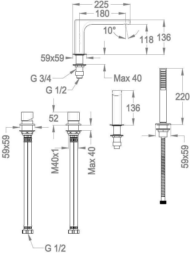 Fir Italia Смеситель для ванны с ручным душем на 4 отверстия Daily cube 45 4531404 - Вид №1
