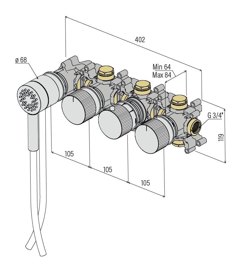 Настенный термостатический смеситель для ванны из нержавеющей стали с ручным душем Amphora катушка ARCH-00083141 - Вид №2
