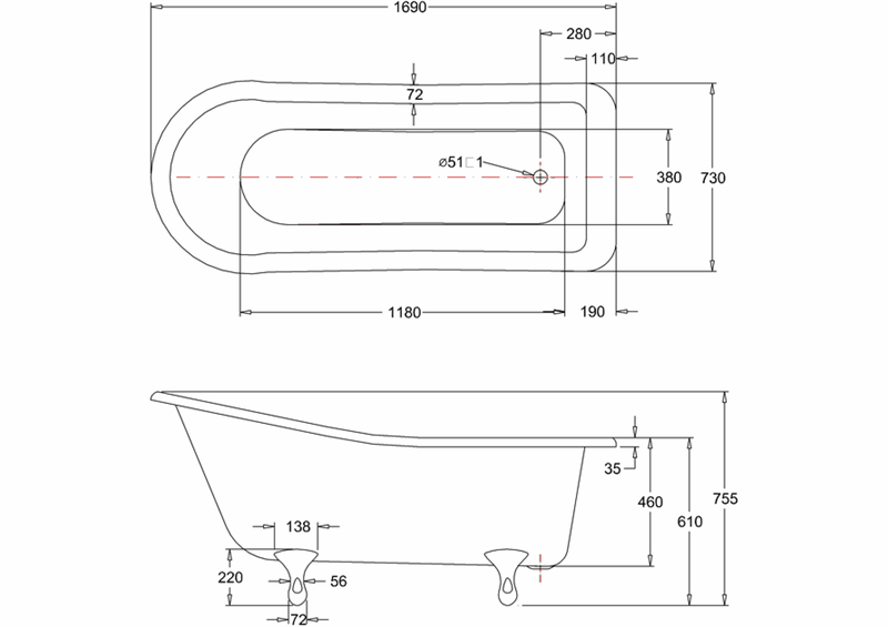 Ванна акриловая Harewood Slipper с ножками E11 CHR Slipper Burlington E1, E11 CHR - Вид №2