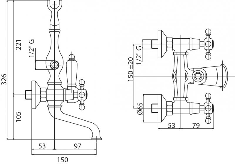 Смеситель для ванны с ручным душем, шлангом 150 см CEZARES NOSTALGIA-VD-03/24-M - Вид №1
