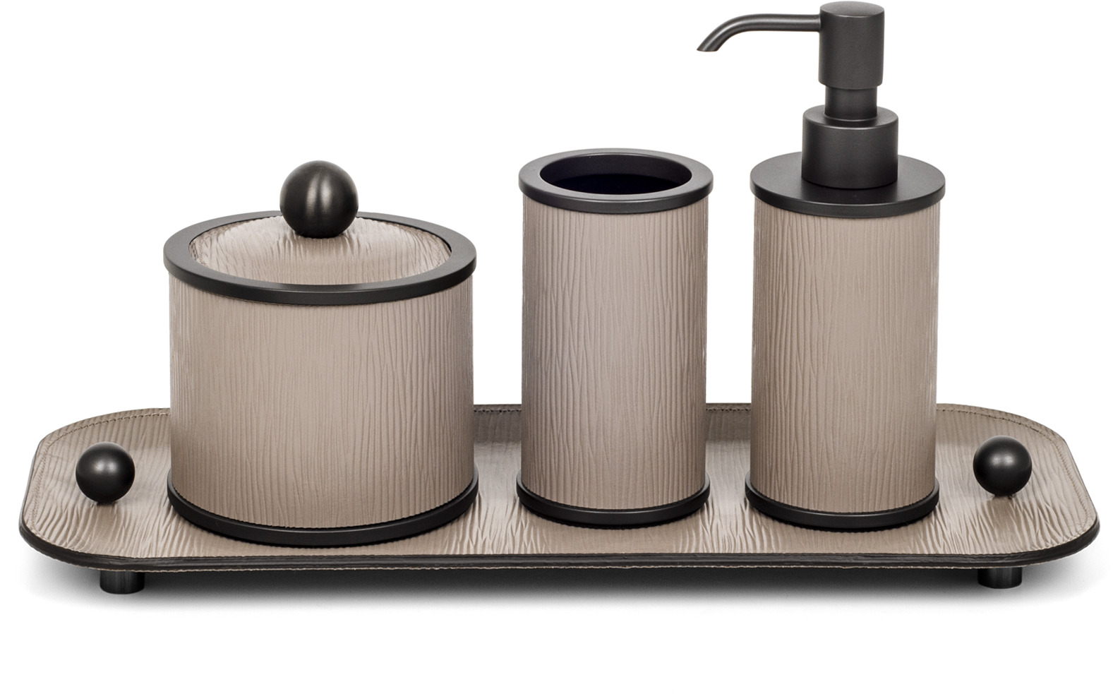 Круглый комплект для ванной комнаты Olimpia - 36X15XH17 см / металлическая отделка_вороненая латунь / плетеная кожа_кремовый