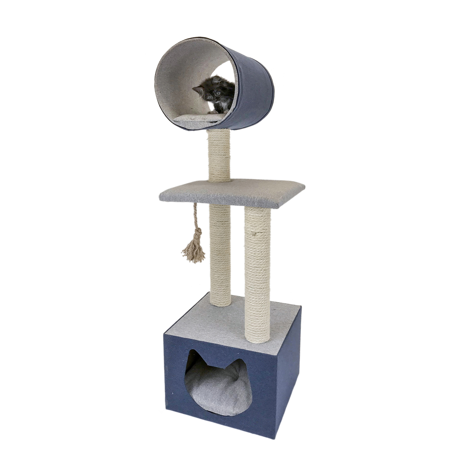 ПР0056219 Когтеточка для кошек Домик с двумя столбиками и тоннелем 35х35х120см синий Foxie 