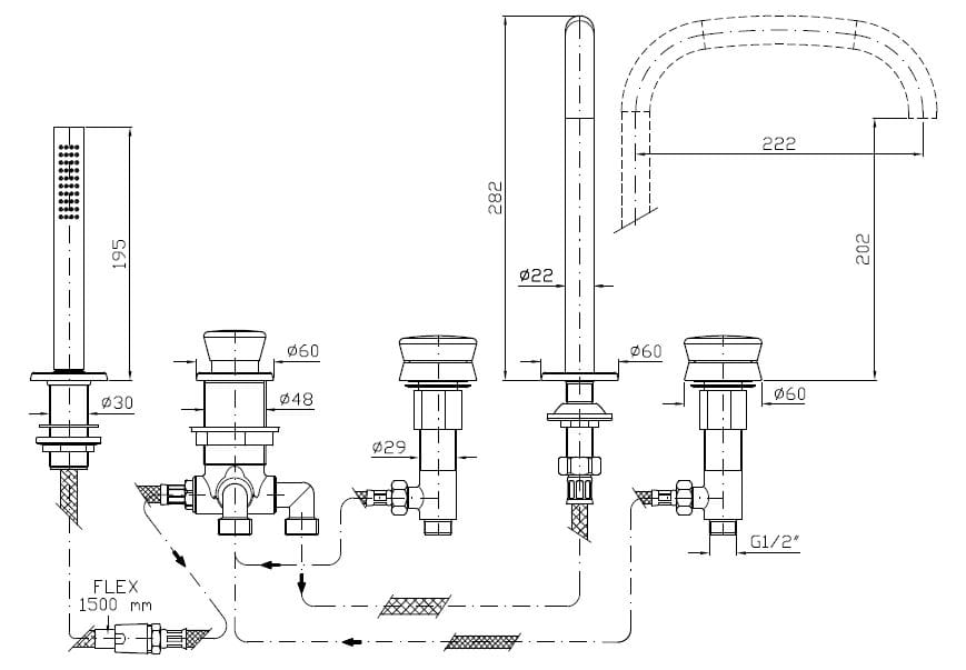 Смеситель для ванны с 5 отверстиями из нержавеющей стали с ручным душем Zucchetti Sablier ARCH-00128559 - Вид №2