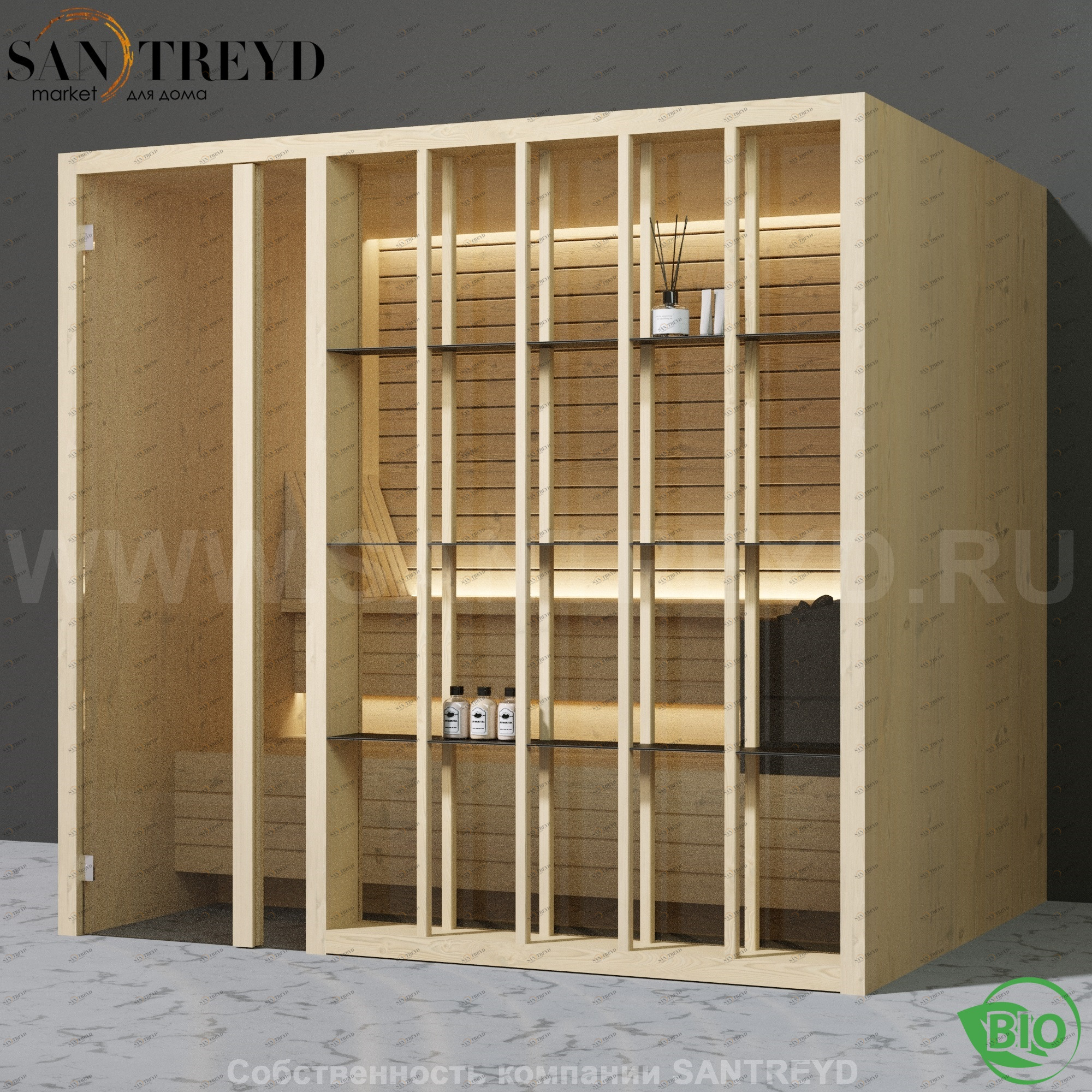 Effegibi YOKU.S105 BI.70100004 Био-сауна с левой дверью. Мощность: 12 кВт макс. Размеры: длина 230 см, ширина 200 см. Отделка: осина термообработанная BI70100004