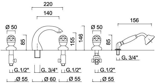 Rubinetteria Giulini Комплект для ванны на 5 отверстий с ручным душем Persia crystal - persia F3860/s - Вид №1
