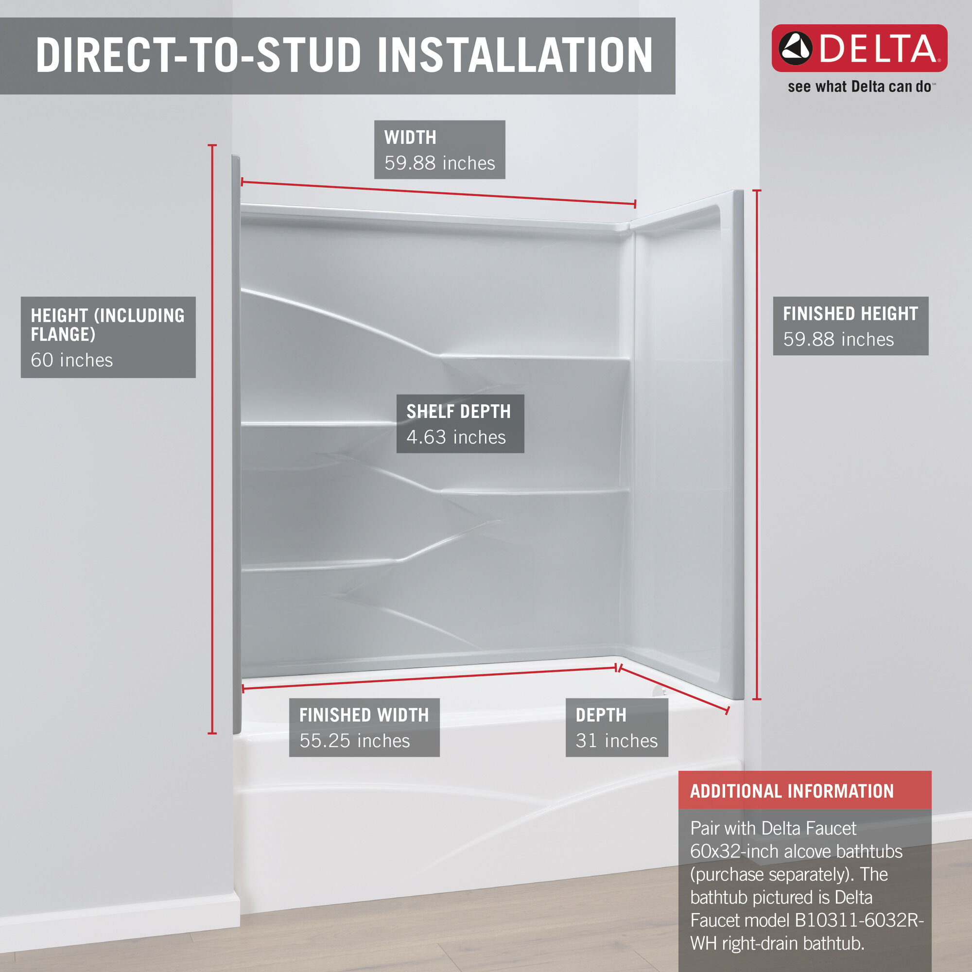 B66311-6032-WH Настенный комплект для ванны 60 "x 32" Delta Faucet Laurel Глянцевый белый - Вид №2