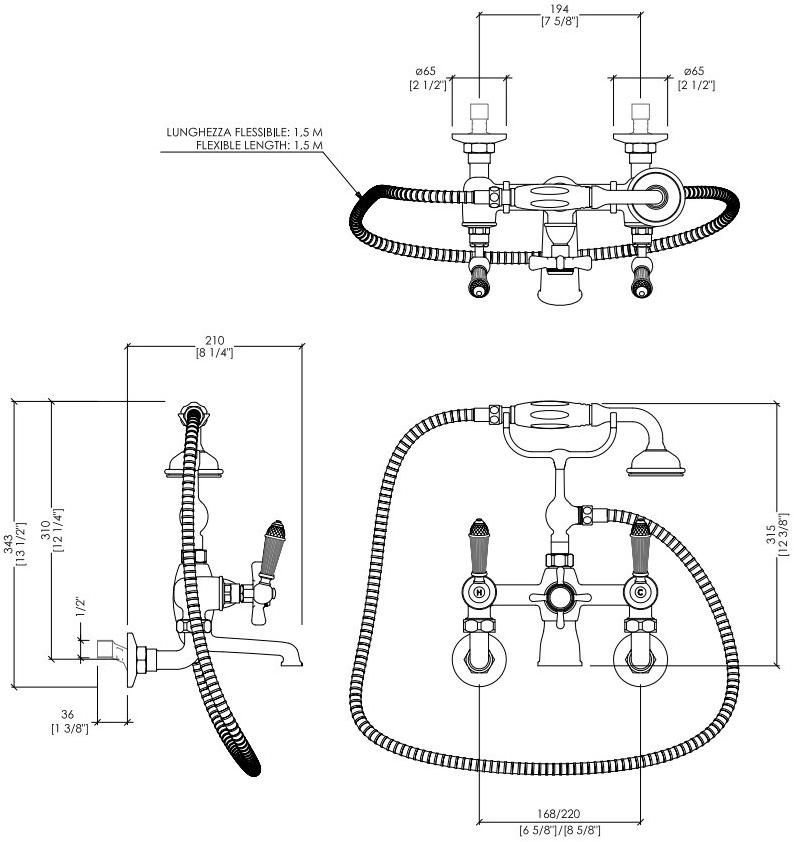 Devon&Devon Смеситель для ванны настенный на 3 отверстия Black diamond Bld70mot - Вид №1