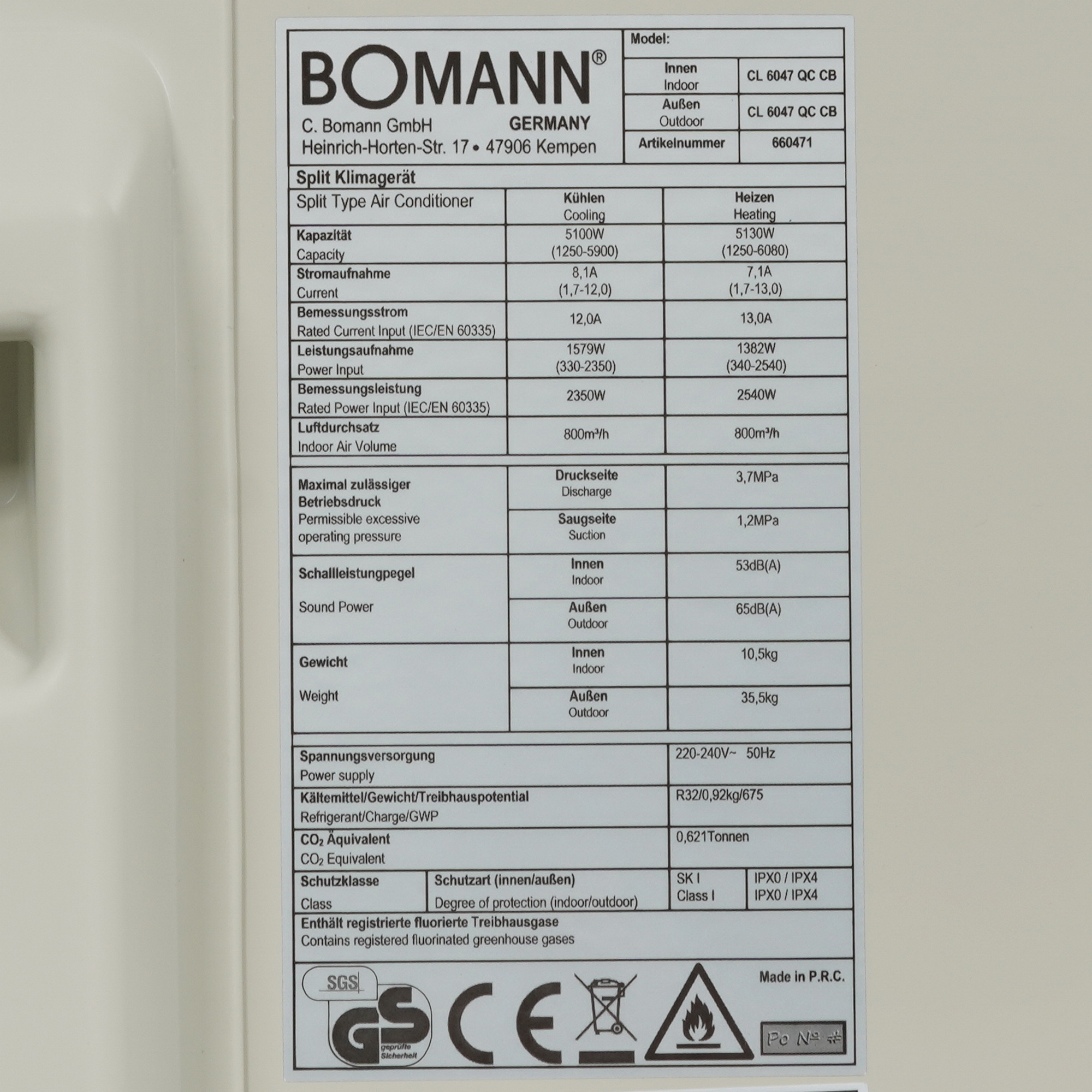9903198 Кондиционер настенный сплит-система Bomann CL 6047 QC CB белый STDN-0151662 - Вид №7