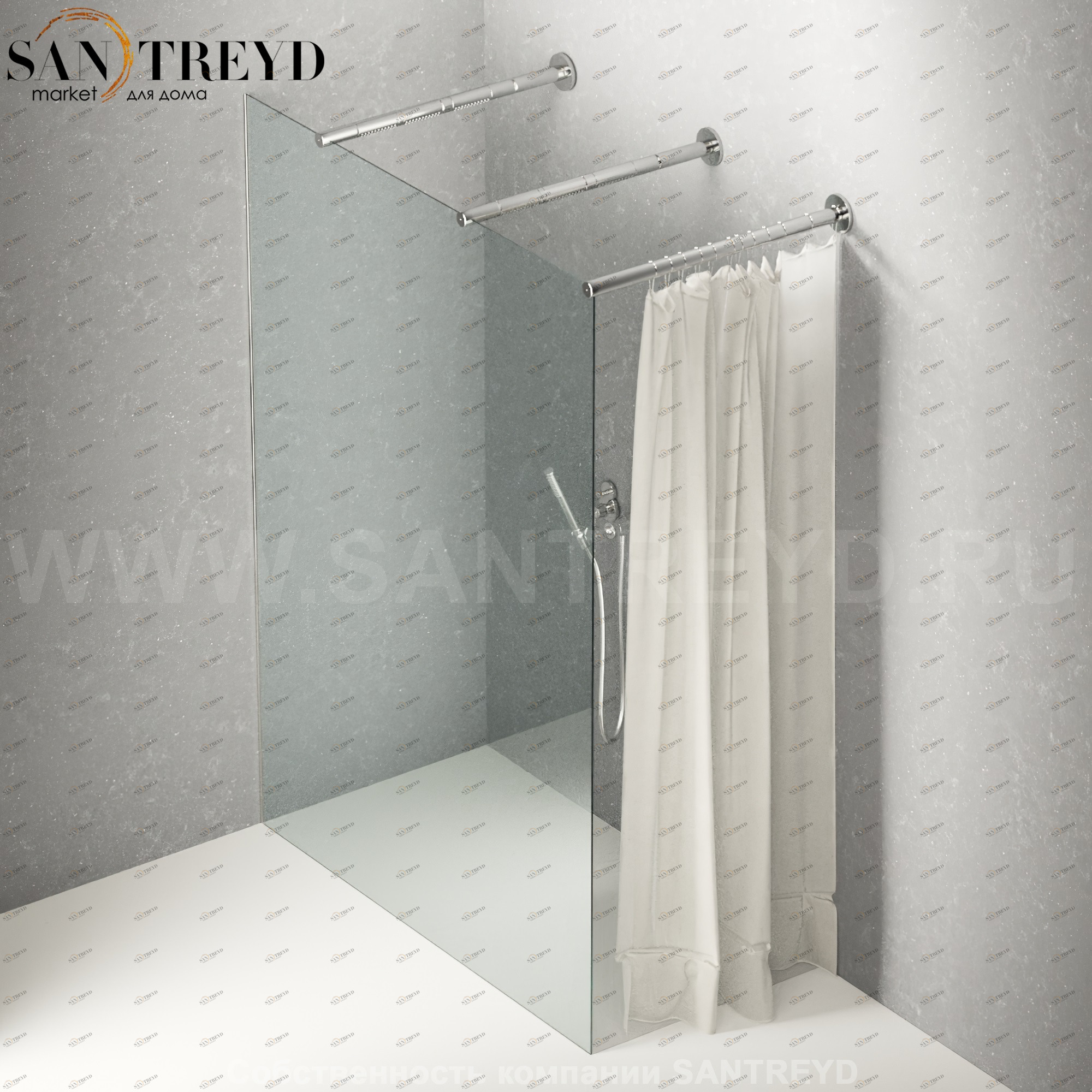 Душевое ограждение FLAT DX подрезаемое, стеклянная со шторкой прозрачная перегородка с 2-мя держателями и встроенным душем. Размеры: глубина от 70 до 100 см, длина от 140 до 160 см Agape DXC570100140160LLO