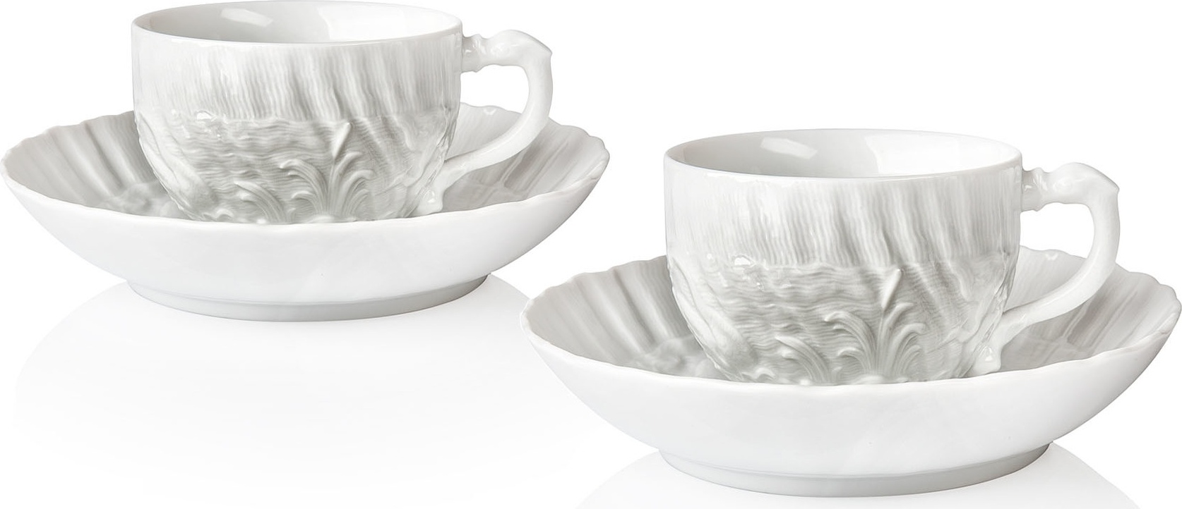 10664297 Meissen Набор из 2 чашек чайно-кофейных с блюдцами Meissen "Лебединый сервиз" (белый рельеф), 140мл, п/к Фарфор, Керамика 