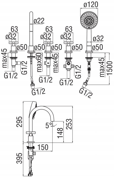 Nobili Rubinetterie Комплект для ванны на 5 отверстий Lira sun-id-1473039 - Вид №1