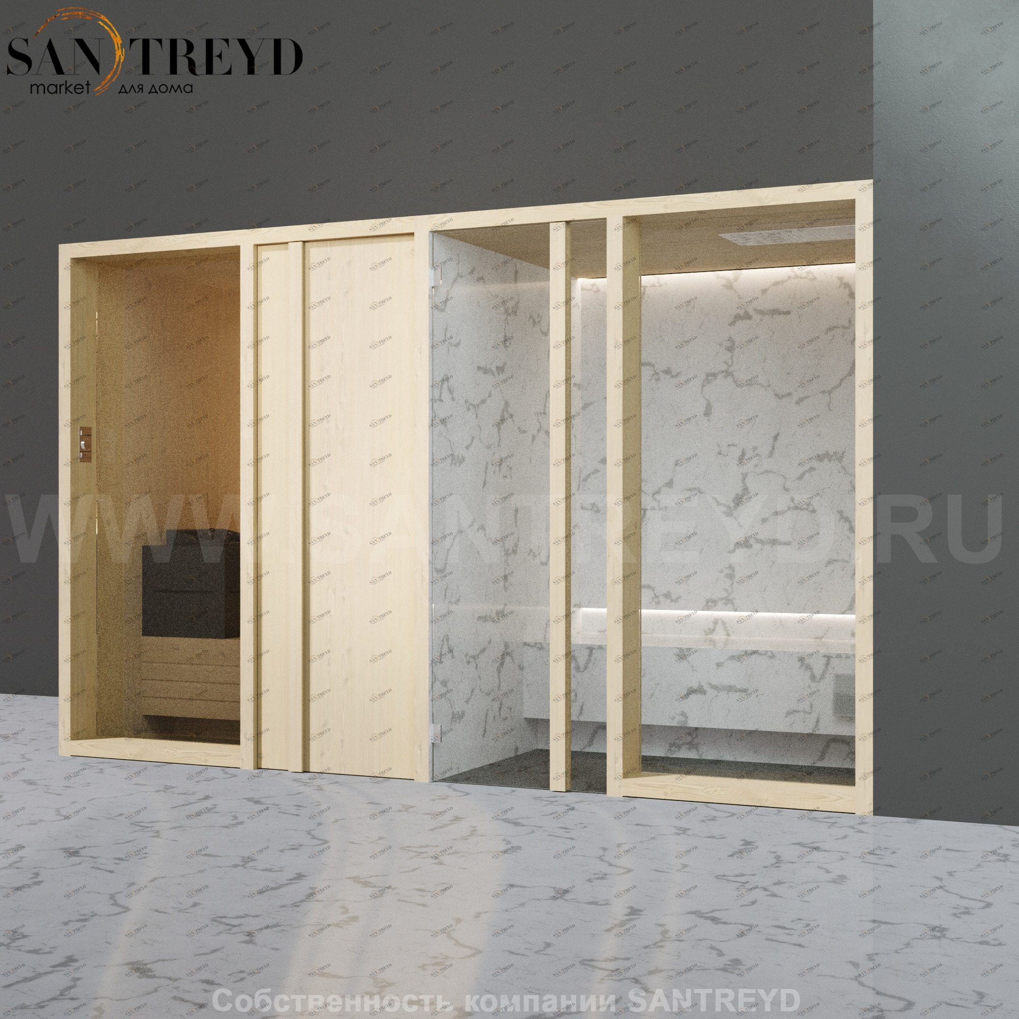 Effegibi YOKU.D SH YO.20110002 Комбинированная баня: хаммам и сауна. Установка: в правый угол. Мощность: 10,5 кВт макс. Размеры: длина 342 см, ширина 170 см. Отделка: осина термообработанная и светлый керамогранит YO20110002