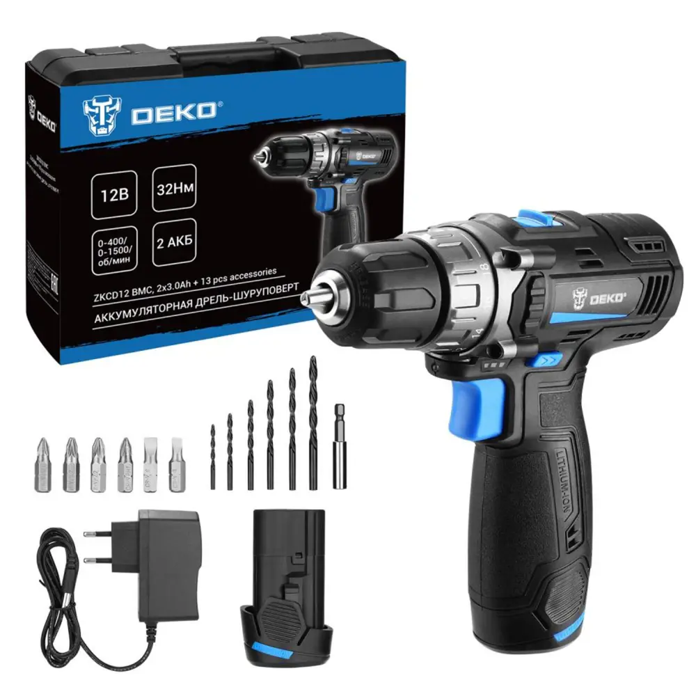 Аккумуляторная дрель-шуруповёрт DEKO ZKCD12 с кейсом и оснасткой 13 предметов 89370288 STLM-1494828 - Вид №1