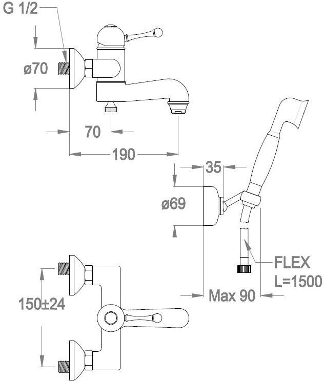 Fir Italia Настенный смеситель для ванны из хромированной латуни с ручным душем Melrose 70 sun-id-1397681 - Вид №1
