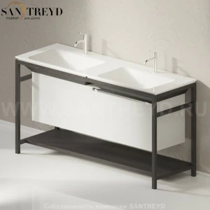 Двойная раковина столешница с деревянной консолью темный дуб OTTOCENTO XL с 1 отверстием белая