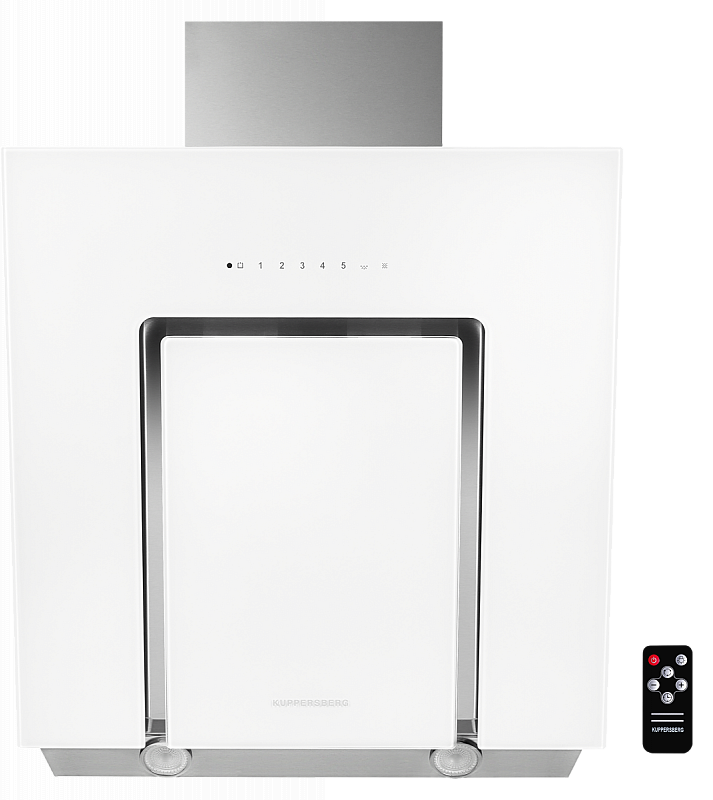 F 660 W Настенная вытяжка, ширина 60 см, отвод/рециркуляция, 900 м3/час, сенсорное управление, таймер, 5 скоростей, галогенное освещение 2х20 вт, металлические жироулавливающие фильтры, угольный фильтр kf-сm (опция), 42-47 дб, цвет белое стекло schott Kup Santreyd 
