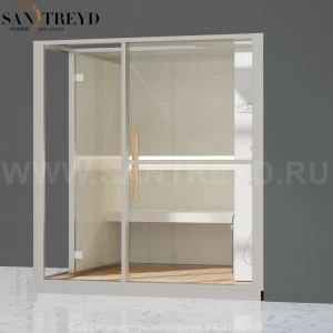 Effegibi LOGICA H LO30020007 Хаммам. Установка: в правый угол. Правая дверь. Мощность: 4,5 кВт макс. Размеры: длина 214 см, ширина 250 см. Отделка: матовый лакированный белый аллюминий и серый ламинат из керамогранита.