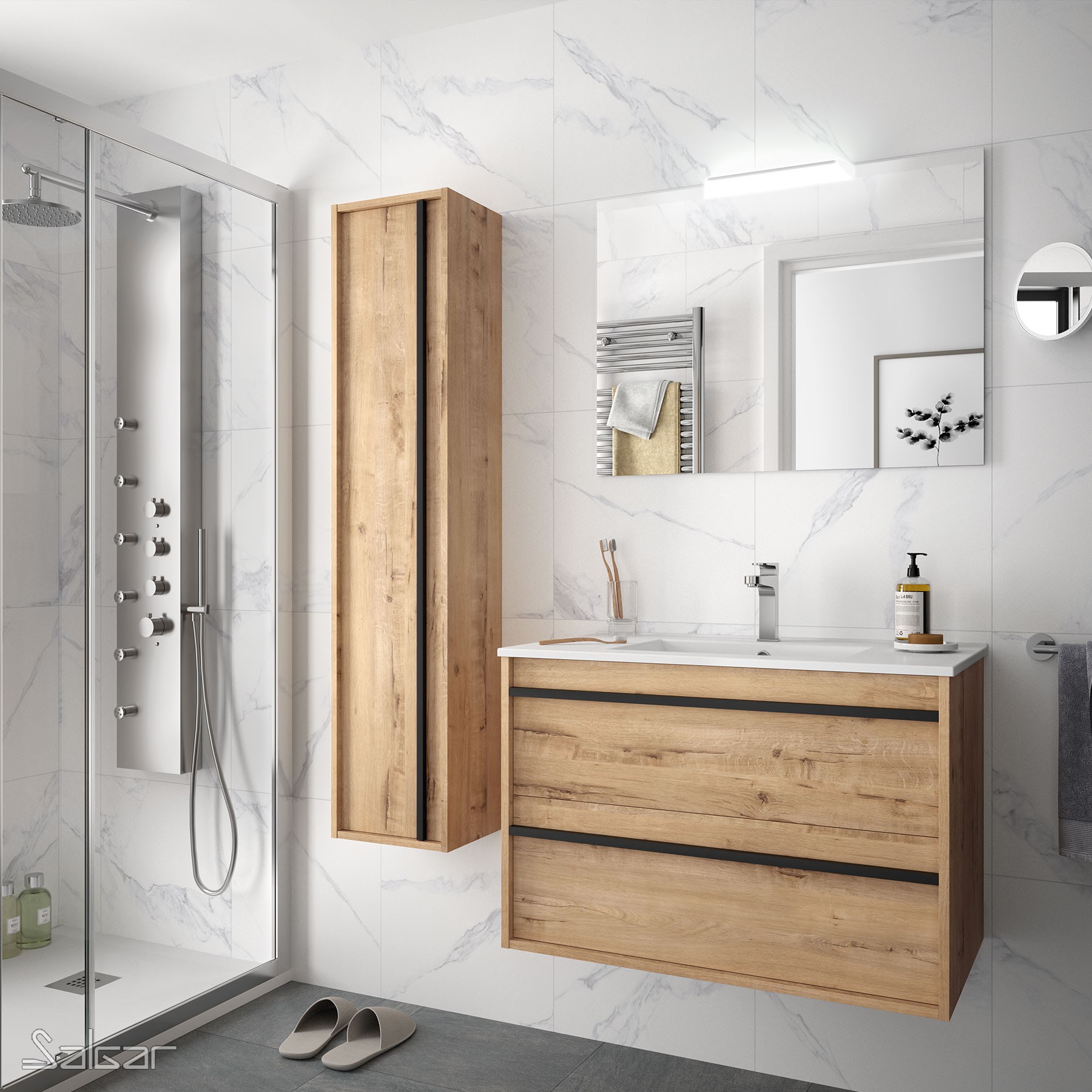 84944 SALGAR Комплект мебели для ванной ATTILA 800 OSTIPPO OAK + Раковина + Зеркало + Свет Робл Остиппо