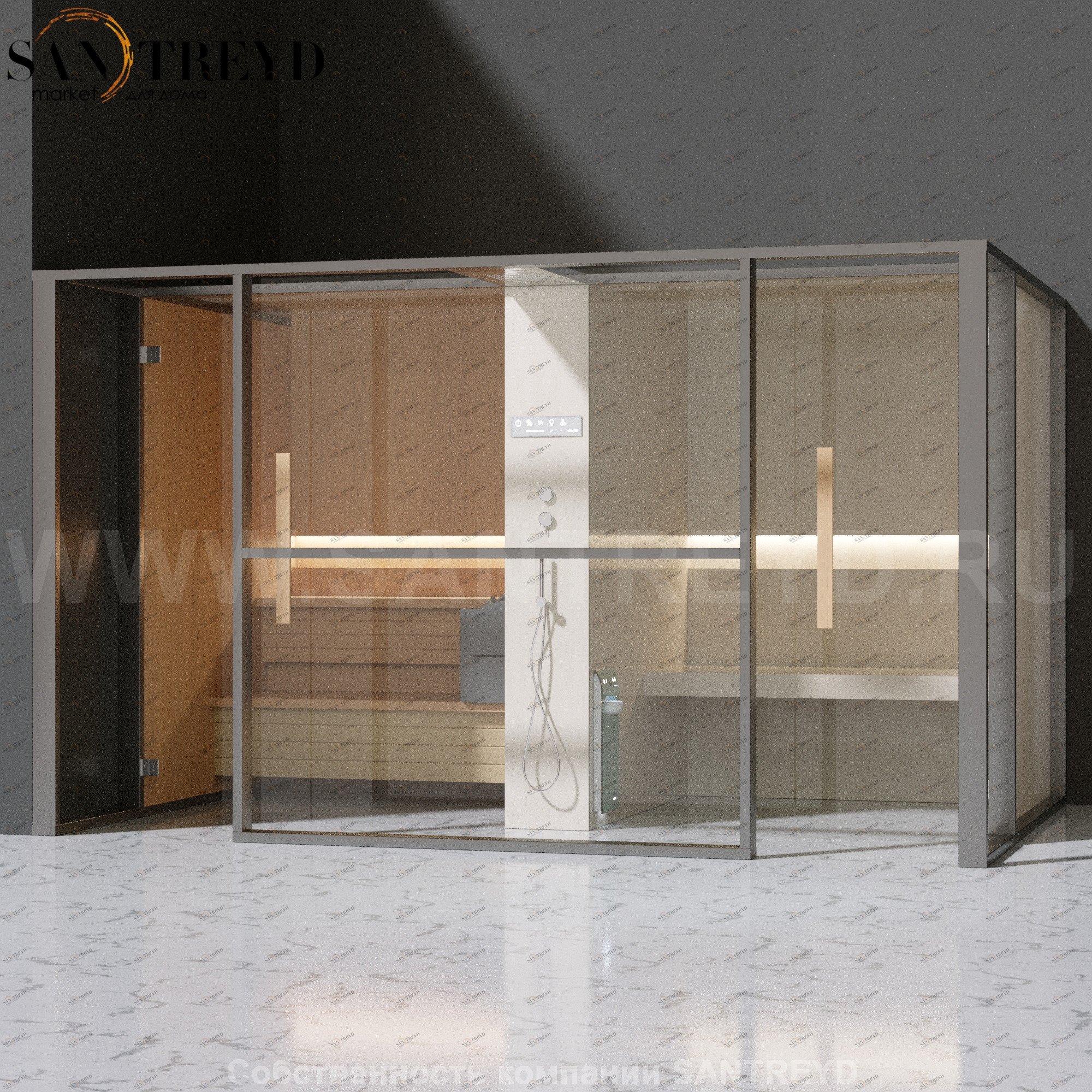 Effegibi LOGICAFILO LO11010006 Комбинированная баня: хаммам и сауна. Установка: в левый угол. Мощность: 10,5 кВт макс. Размеры: длина 373 см, ширина 250 см. Отделка: канадский хемлок, матовый лакированный серый аллюминий и бежевый ламинат из керамогранита
