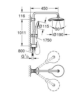 Душевая система GROHE Euphoria 190 с переключателем (без смесителя), хром (27911000) - Вид №1