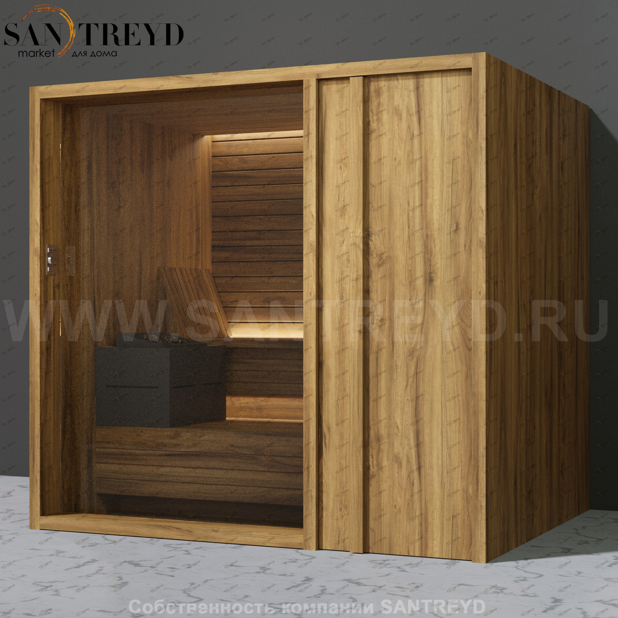 Effegibi YOKU.D105 SA.70200005 Сауна с правой дверью. Мощность: 10,5 кВт макс. Размеры: длина 230 см, ширина 200 см. Отделка: термообработанное дерево SA70200005