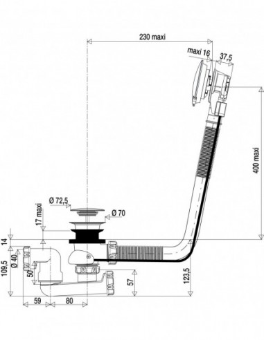 582000 000 00  Автоматический кабельный слив 650 мм для ванны, сифон, поворачивающийся на 360 °, NF, хром. Valentin Хром  - Вид №6