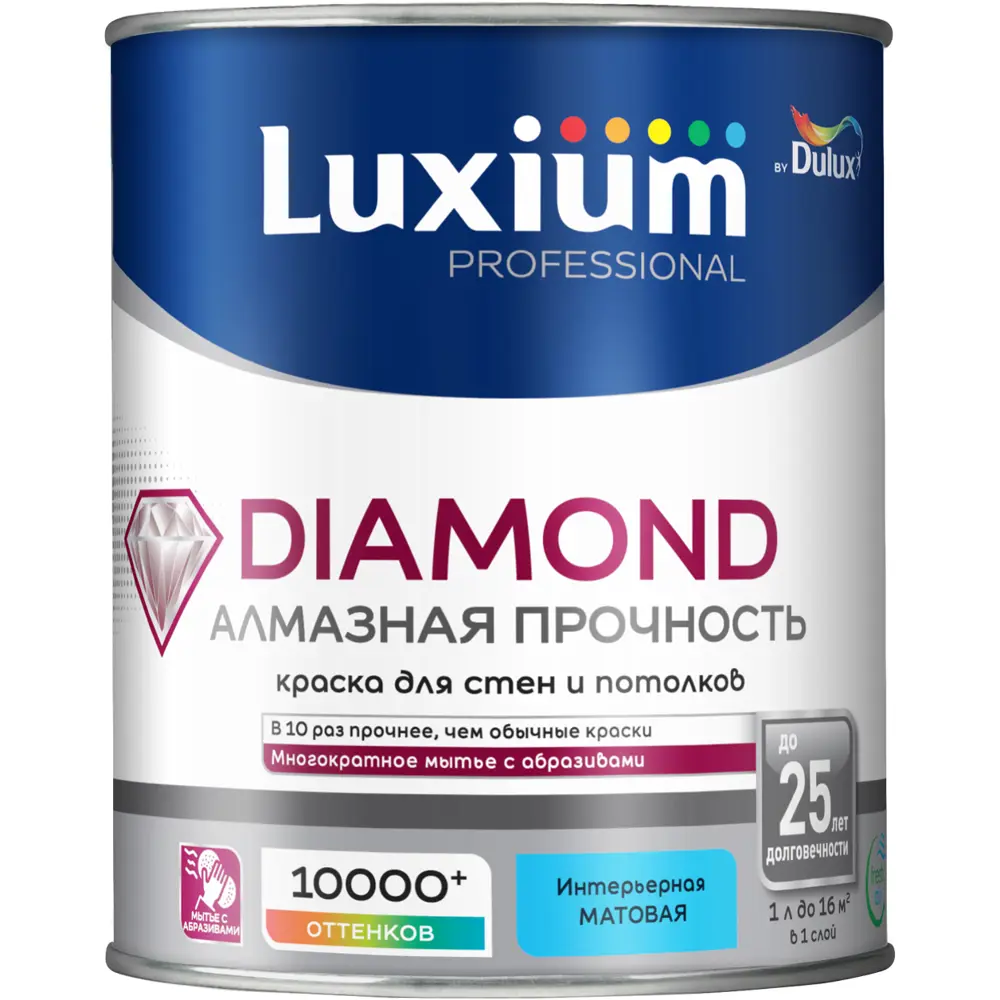 Краска для стен и потолков моющаяся Luxium Diamond матовая цвет белый база BW 1 л STLM-2172201