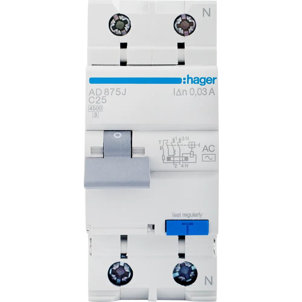 Дифференциальный автомат Hager AD875J 1P N C25 A 30 мА 4.5 кА AC STLM-2009502 - Вид №2