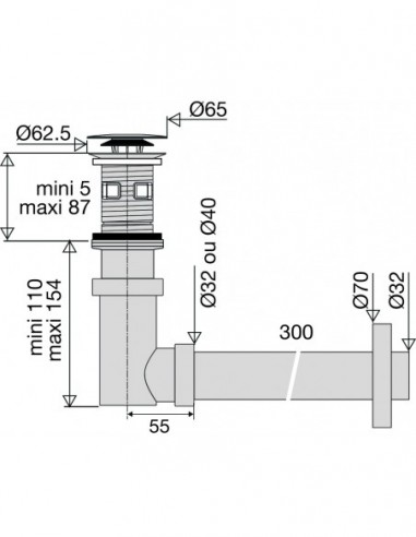 124100 000 00  Универсальный слив со встроенным сифоном Сифонетка для умывальника, двустворчатый клапан Д. 65 мм, хромированная латунь Valentin Хром  - Вид №2