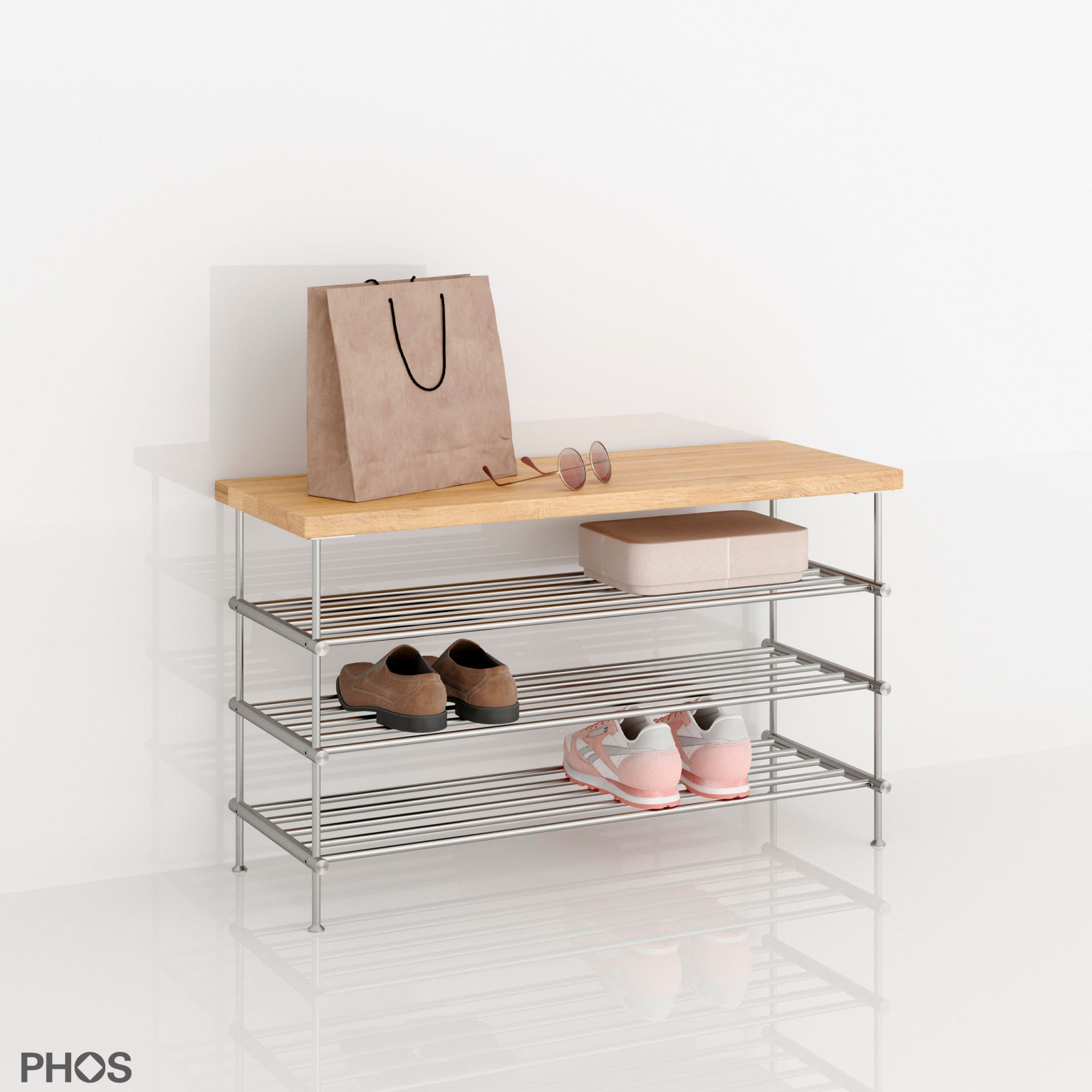 SB1000-3-Eiche Скамья для обуви из дуба, 1 поле, 3 уровня, ширина 105 см PHOS  - Вид №4