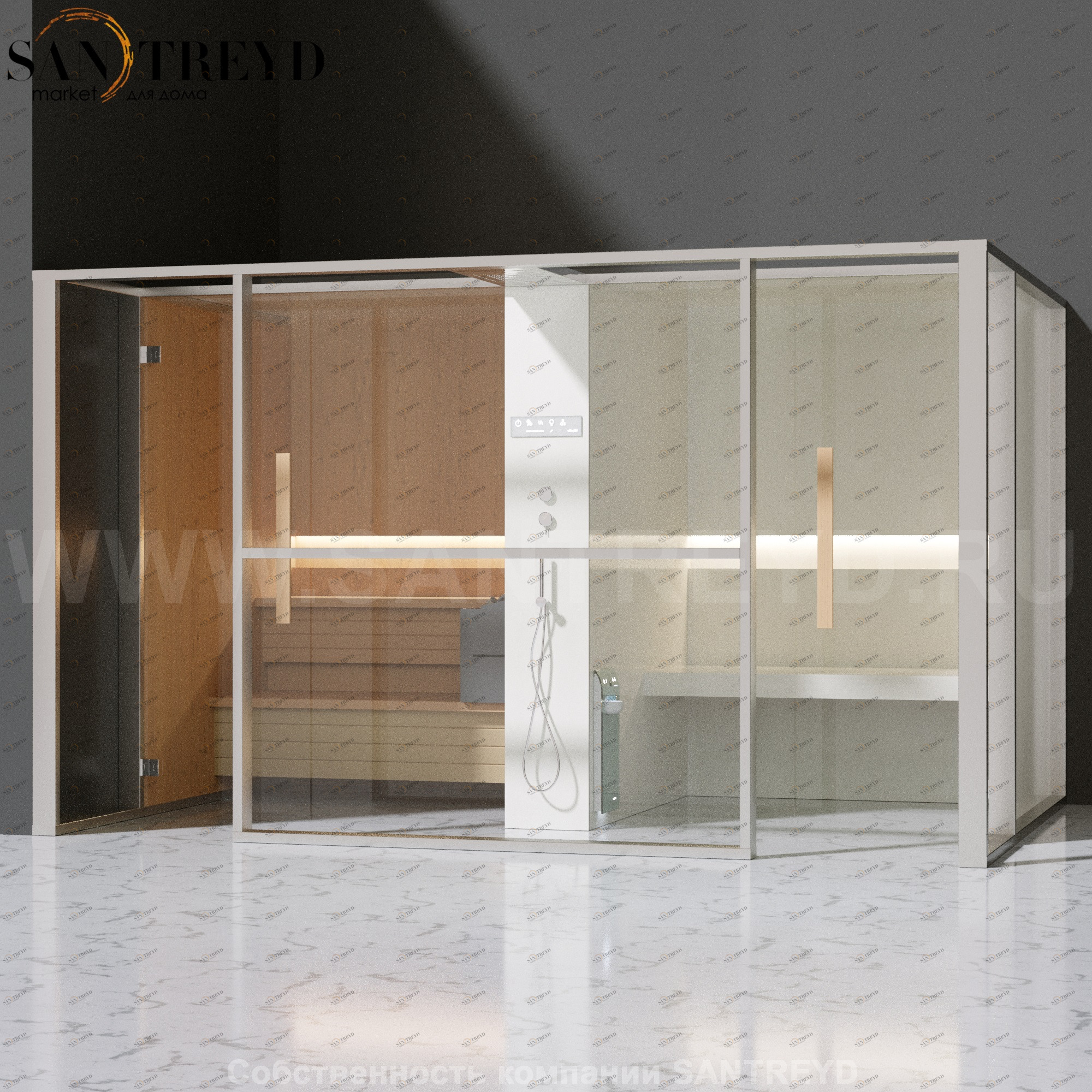 Effegibi LOGICAFILO LO11020002 Комбинированная баня: хаммам и сауна. Установка: в левый угол. Мощность: 10,5 кВт макс. Размеры: длина 373 см, ширина 250 см. Отделка: канадский хемлок, матовый лакированный белый аллюминий и серый ламинат из керамогранита.