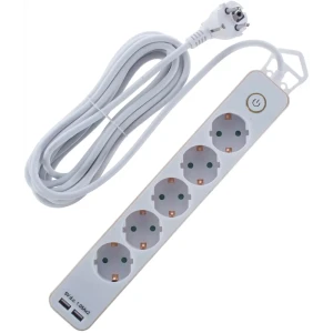 Удлинитель с заземлением Duwi 5 розеток со шторками 3x1.5мм2 5 м выключатель 2 USB цвет белый/золотой