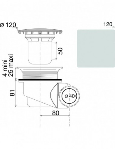 578000 000 00  Клеевой слив для душа для поддона Д. 90 мм, квадратная металлическая крышка, разнонаправленный выход, NC, хромированный Valentin Хром  - Вид №2